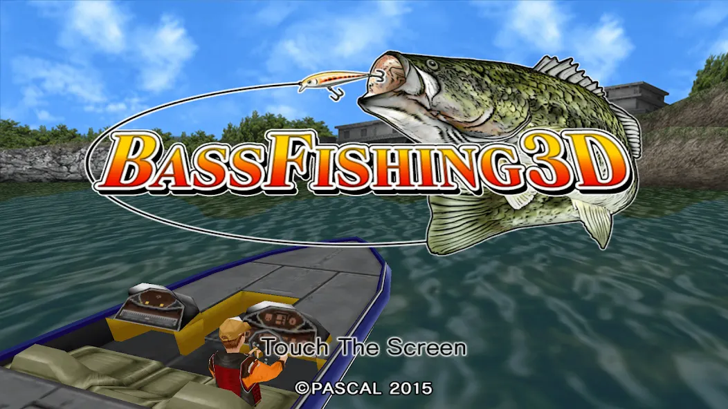 Ecrã de abertura de Bass Fishing 3D on the Boat, com o barco e o logótipo do jogo