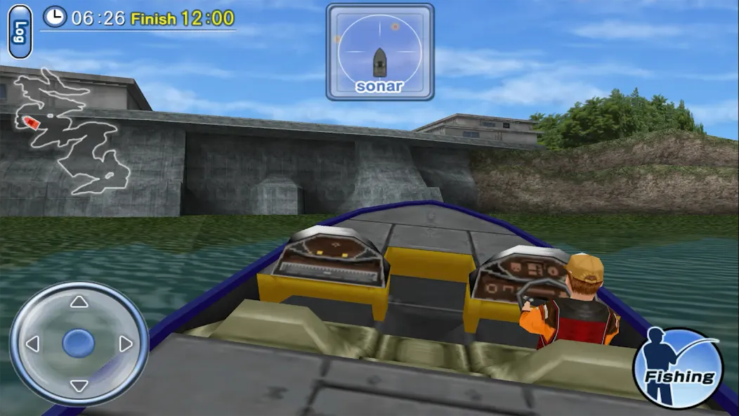 Vista do cockpit do barco em Bass Fishing 3D on the Boat, com sonar e mapa da lagoa