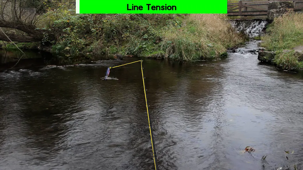 Linha em tensão junto a uma cascata em Fly Fishing Simulator HD