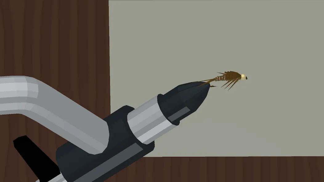 Pormenor macro de uma mosca artificial em Fly Tying Simulator